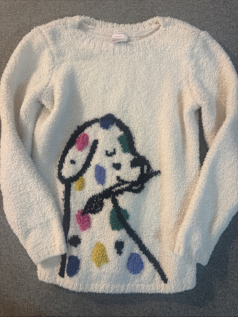 3/$15- Cozy Cream Plush Sweater with Colorful Dalmatian Graphic
